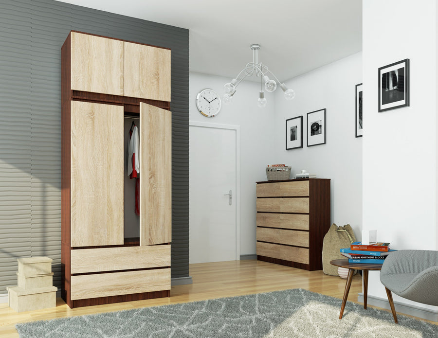 Kleiderschrank – Erweiterbarer Drehtürenschrank mit Aufsatz und 2 Schubladen