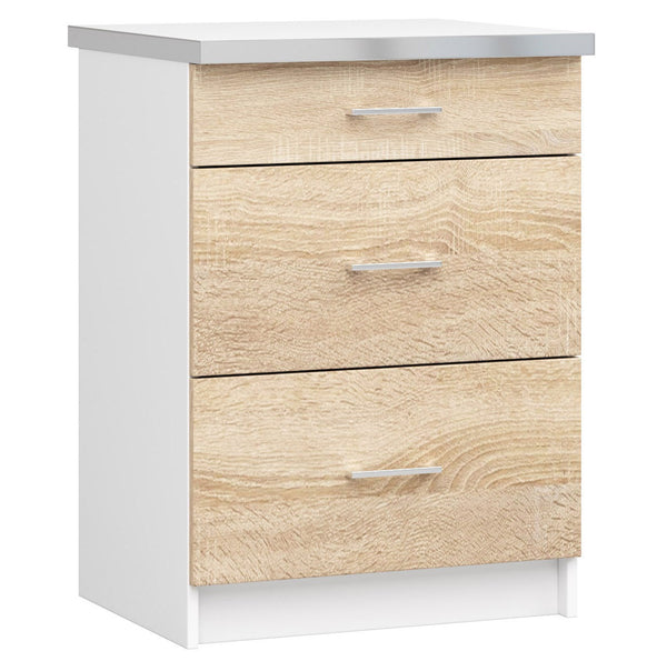Unterschrank – LIMA – S60 SZ3 mit Arbeitsplatte, Weiß / Sonoma Eiche Matt, 3 Schubladen