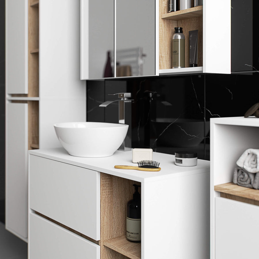 Badezimmerschrank– VAMI – Badschrank mit Ausschnitten für Waschbecken und modernem Stauraum