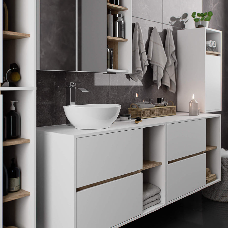 Badezimmerschrank– VAMI – Badschrank mit Ausschnitten für Waschbecken und modernem Stauraum