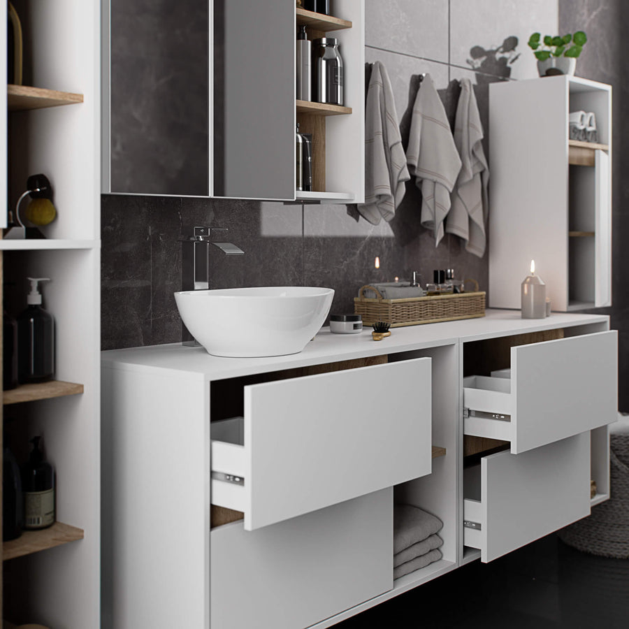 Badezimmerschrank– VAMI – Badschrank mit Ausschnitten für Waschbecken und modernem Stauraum