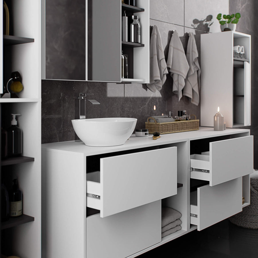 Badezimmerschrank– VAMI – Badschrank mit Ausschnitten für Waschbecken und modernem Stauraum