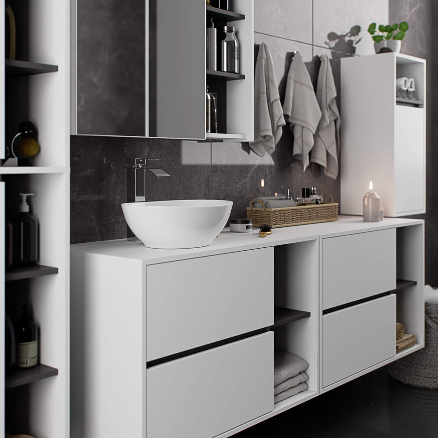 Badezimmerschrank– VAMI – Badschrank mit Ausschnitten für Waschbecken und modernem Stauraum