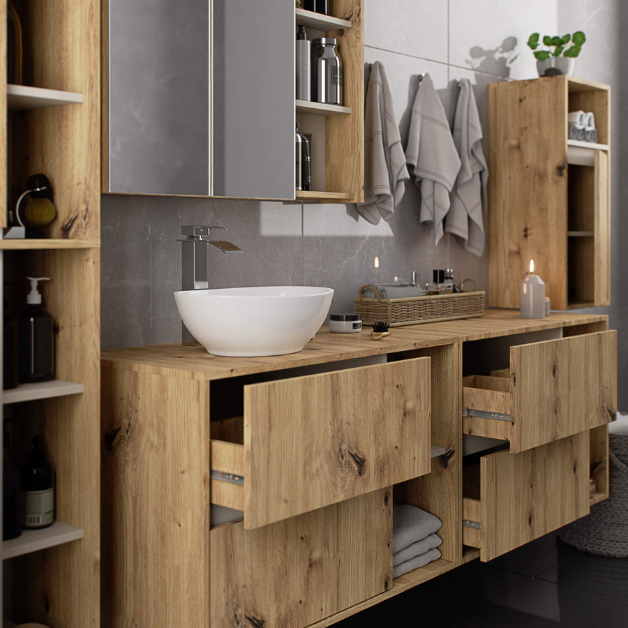 Badezimmerschrank– VAMI – Badschrank mit Ausschnitten für Waschbecken und modernem Stauraum