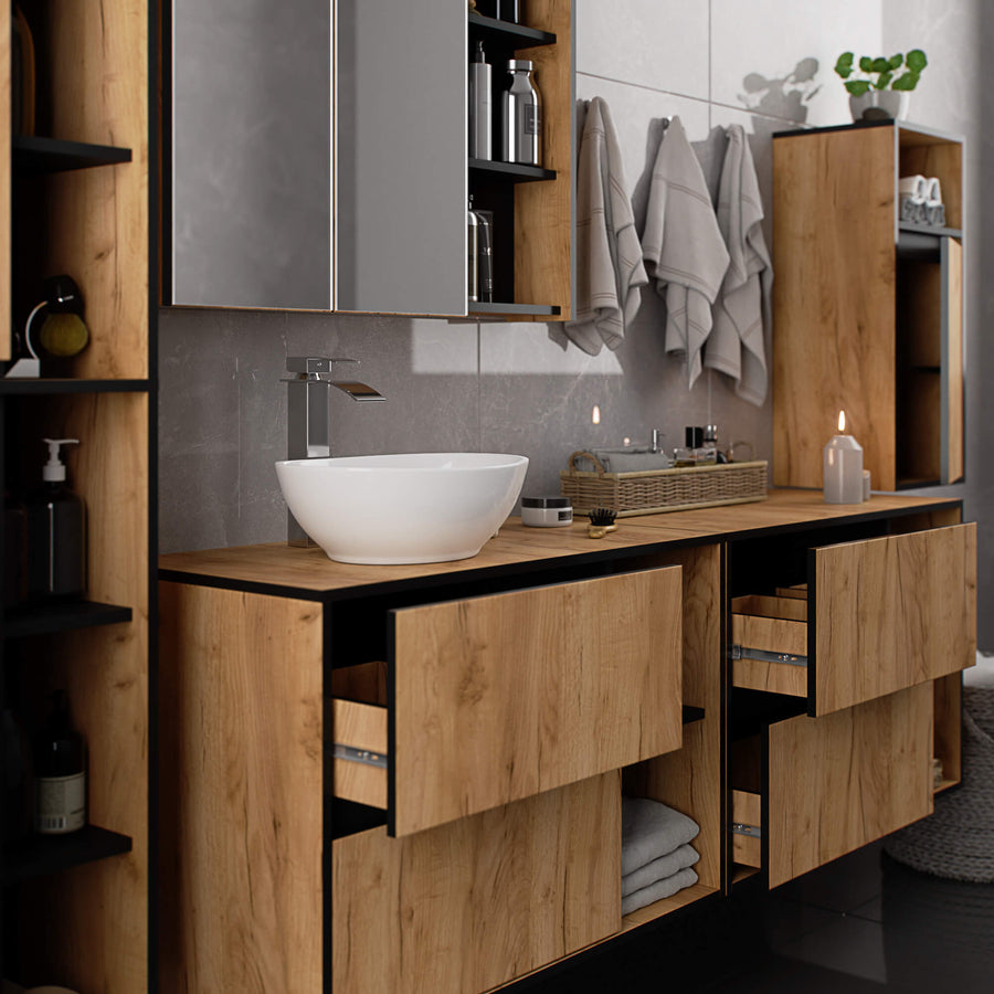 Badezimmerschrank– VAMI – Badschrank mit Ausschnitten für Waschbecken und modernem Stauraum