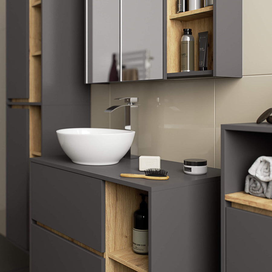 Badezimmerschrank– VAMI – Badschrank mit Ausschnitten für Waschbecken und modernem Stauraum