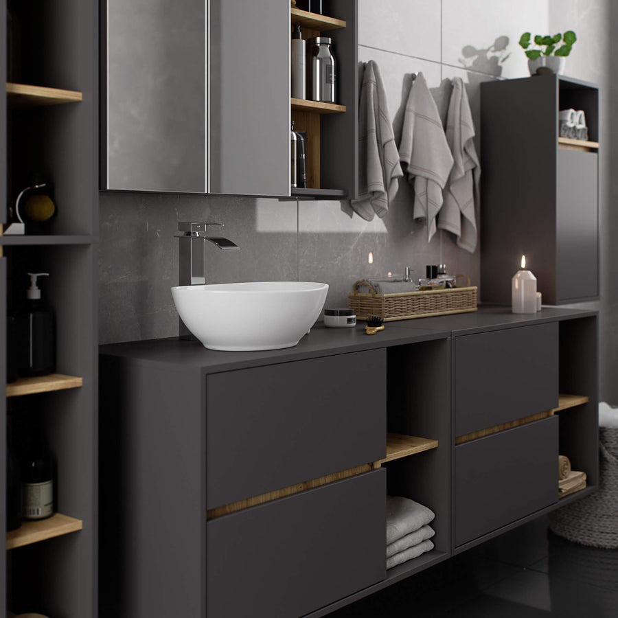Badezimmerschrank– VAMI – Badschrank mit Ausschnitten für Waschbecken und modernem Stauraum