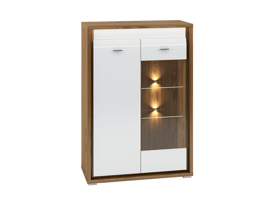 Vitrine – DALLAS 0601 – Edle Standvitrine in Natural Walnuss mit Hochglanz-Akzenten