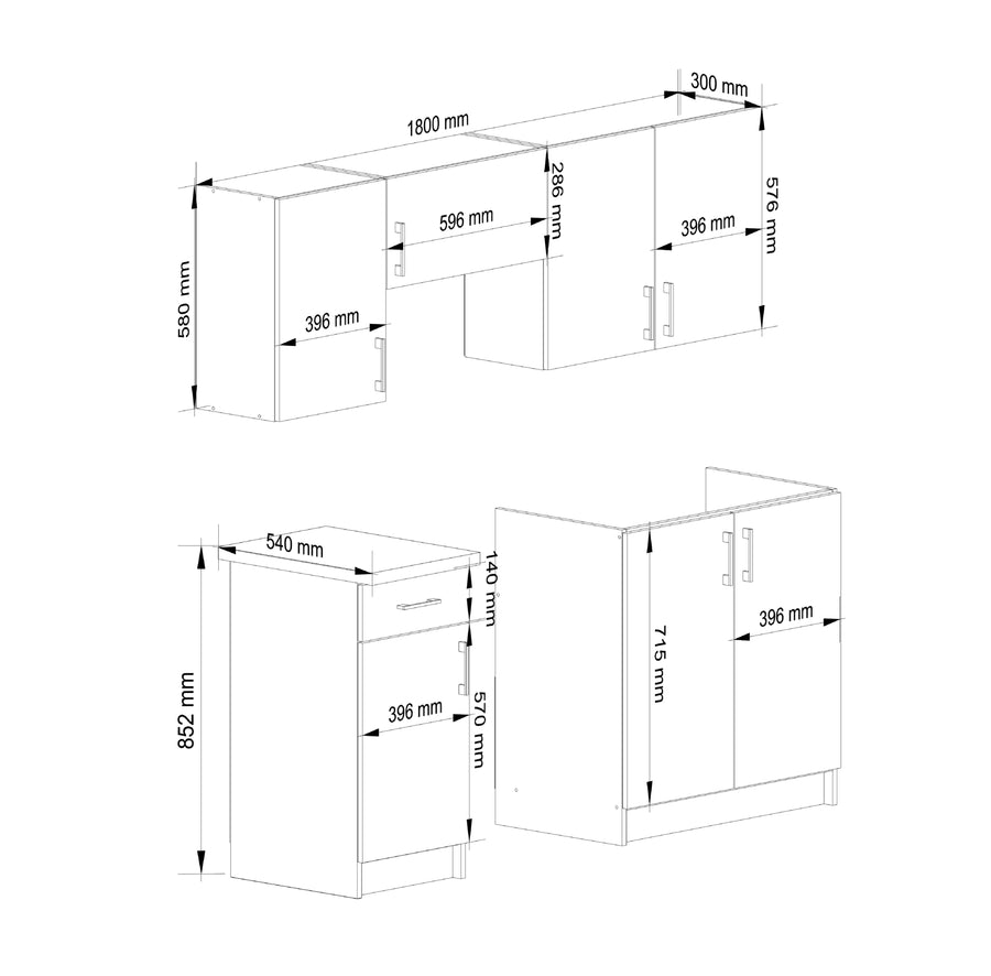 Küchenzeile – LIMA – Küchenblock 180 cm Sonoma Eiche / Weiß, ohne Elektrogeräte