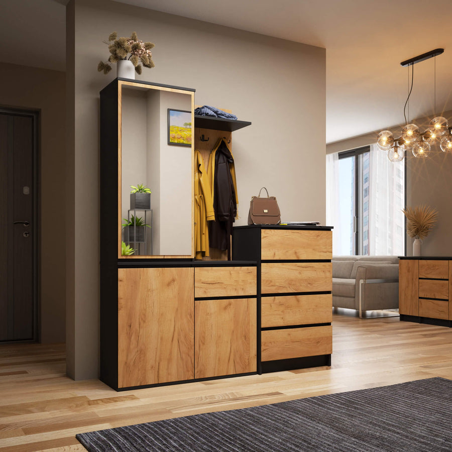 Garderobe – ENTRO – Garderobenschrank mit Spiegel, 3 Türen und Schublade