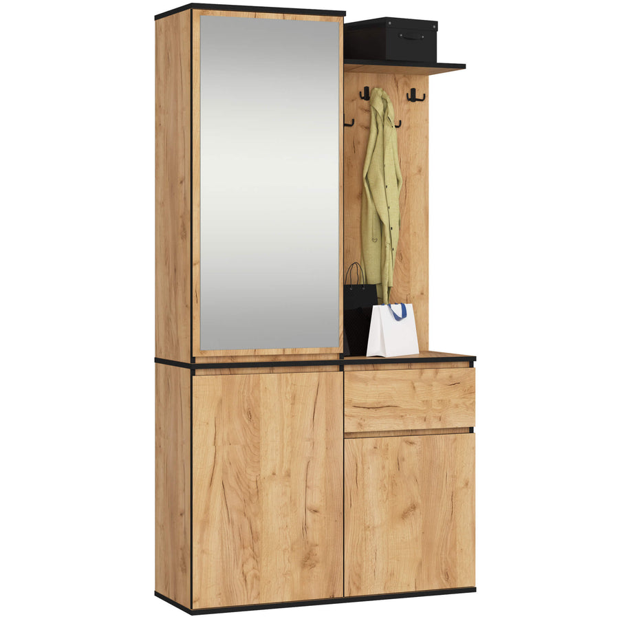 Garderobe – ENTRO – Garderobenschrank mit Spiegel, 3 Türen und Schublade