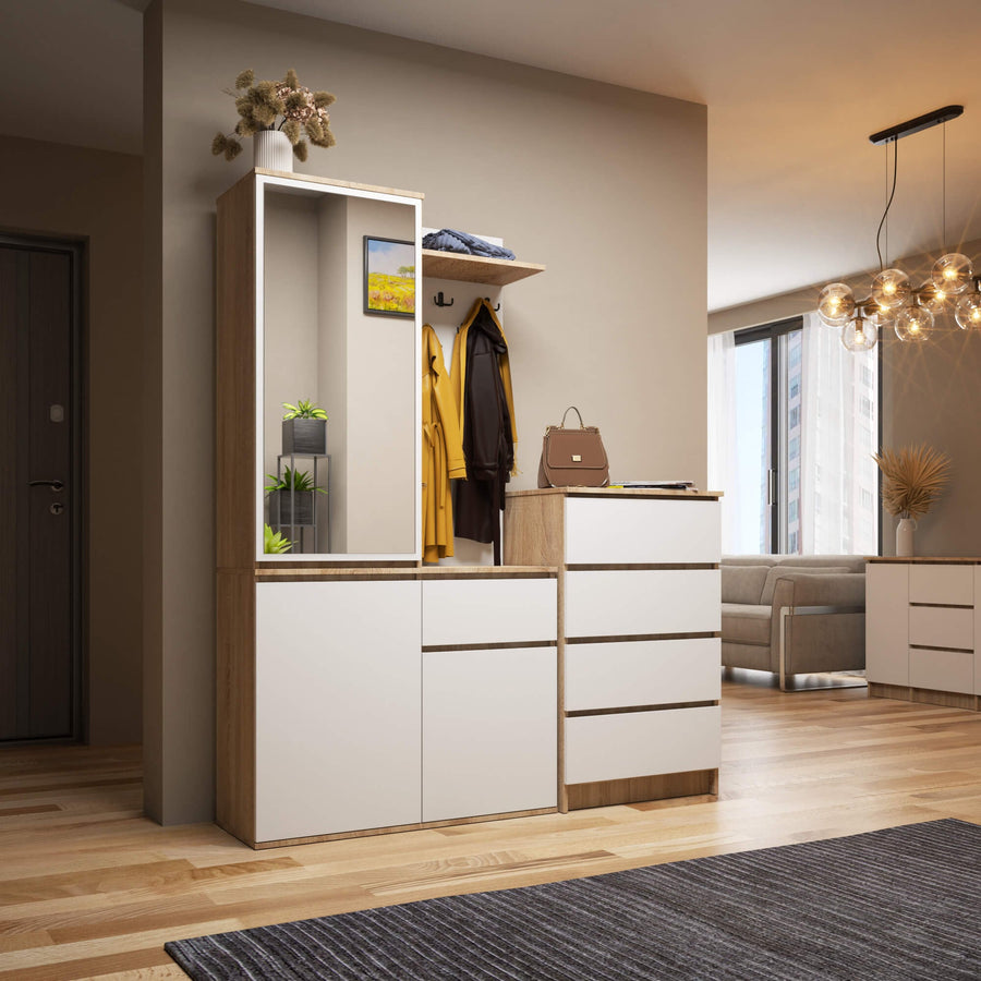 Garderobe – ENTRO – Garderobenschrank mit Spiegel, 3 Türen und Schublade