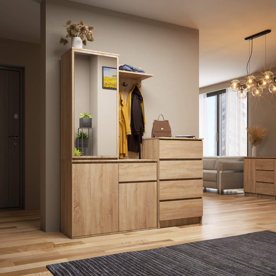 Garderobe – ENTRO – Garderobenschrank mit Spiegel, 3 Türen und Schublade