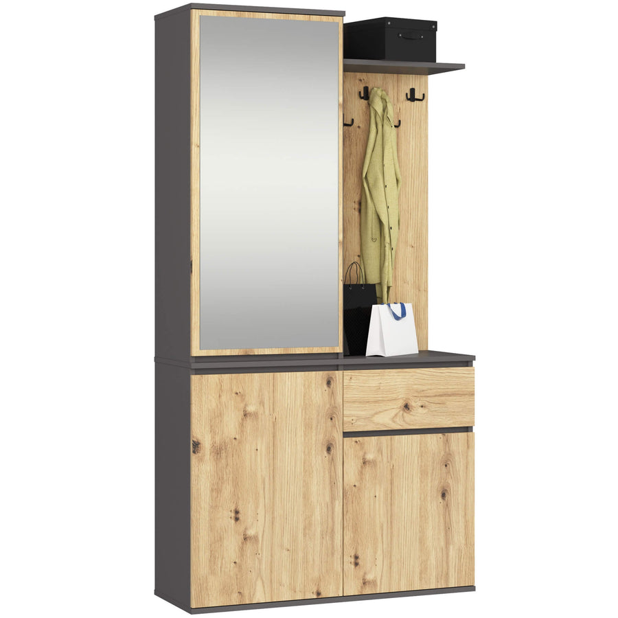 Garderobe – ENTRO – Garderobenschrank mit Spiegel, 3 Türen und Schublade