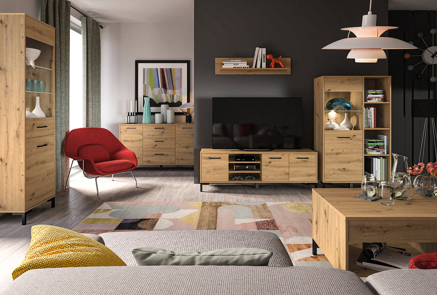 Vitrine – NEVIO – Moderne Standvitrinen mit Holzoptik und Glaselementen