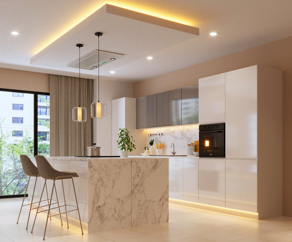 Inselküche-Küchenzeile 420 cm Glanzia – KU-S15 – Weiß / Grau – Hochglanz Ohne Arbeitsplatte & Elektrogeräte