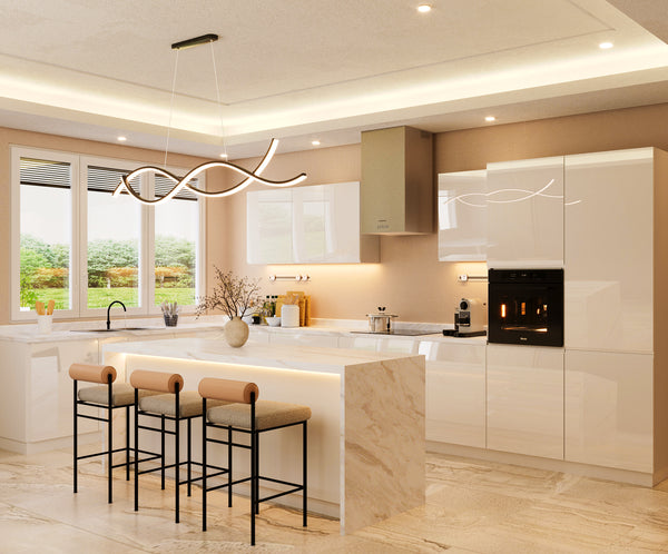 Inselküche-Küchenzeile 420x220 cm Glanzia – KU-S17 – Weiß – Hochglanz Ohne Arbeitsplatte & Elektrogeräte