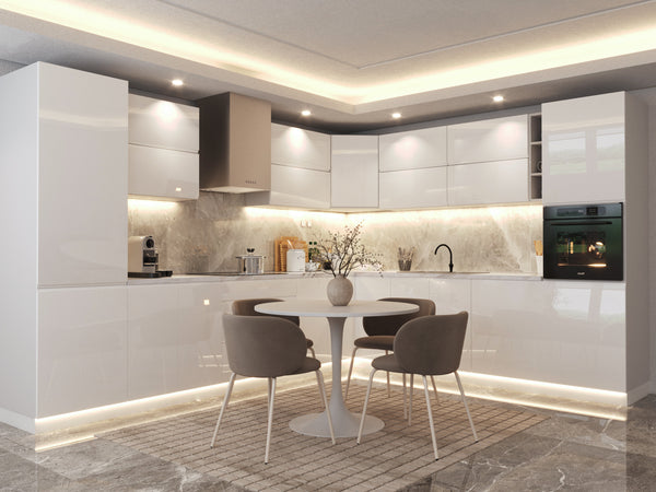 Eckküche / Winkelküche/ L-Küche / Küchenzeile 340x270 cm Glanzia – KU-S19 – Weiß Hochglanz Ohne Arbeitsplatte & Elektrogeräte