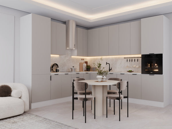 Winkelküche - L-Küche - Küchenzeile 310 x 290 cm Livaro – KU-S35 – Beige Matt / Weiß – Ohne Arbeitsplatte & Elektrogeräte