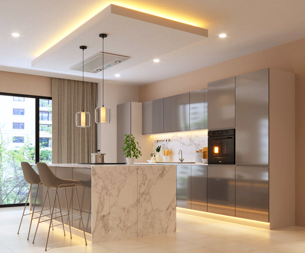 Inselküche-Küchenzeile 420 cm Glanzia – KU-S14 – Grau – Hochglanz Ohne Arbeitsplatte & Elektrogeräte