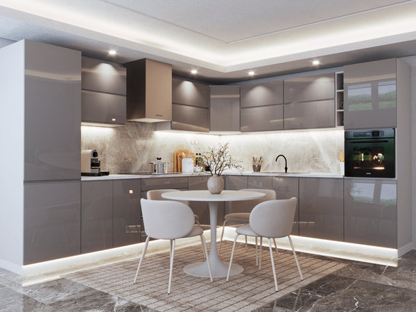 Eckküche / Winkelküche/ L-Küche / Küchenzeile 340x270 cm Glanzia – KU-S20 – Grau Hochglanz Ohne Arbeitsplatte & Elektrogeräte