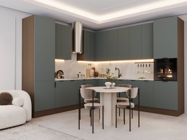 Winkelküche - L-Küche - Küchenzeile 310 x 290 cm Livaro – KU-S34 – Grün / Dunkle Eiche – Ohne Arbeitsplatte & Elektrogeräte