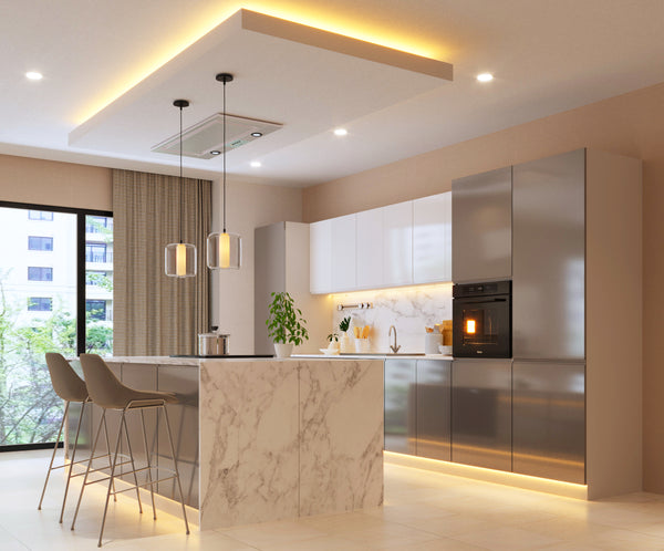 Inselküche-Küchenzeile 420 cm Glanzia – KU-S16 – Grau / Weiß – Hochglanz Ohne Arbeitsplatte & Elektrogeräte