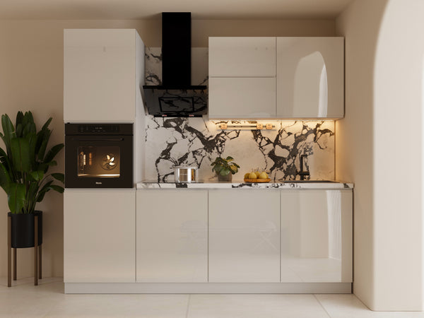 Küchenzeile 240 cm Glanzia – KU-S06 – Weiß – Hochglanz Ohne Arbeitsplatte & Elektrogeräte