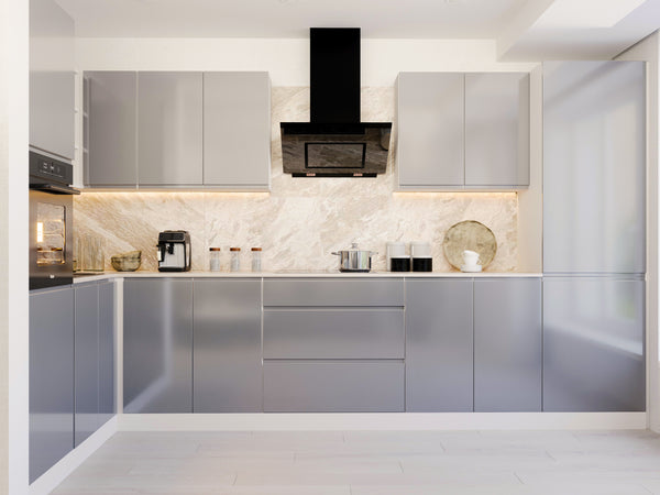 L-Küche – Winkelküche – Eckküche 300x140 cm Glanzia – KU-S09 – Grau – Hochglanz Ohne Arbeitsplatte & Elektrogeräte