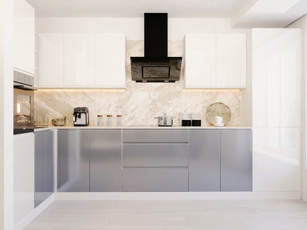 L-Küche – Winkelküche – Eckküche 300x140 cm Glanzia – KU-S08 – Weiß / Grau – Hochglanz Ohne Arbeitsplatte & Elektrogeräte