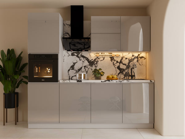 Küchenzeile 240 cm Glanzia – KU-S04 – Grau – Hochglanz Ohne Arbeitsplatte & Elektrogeräte