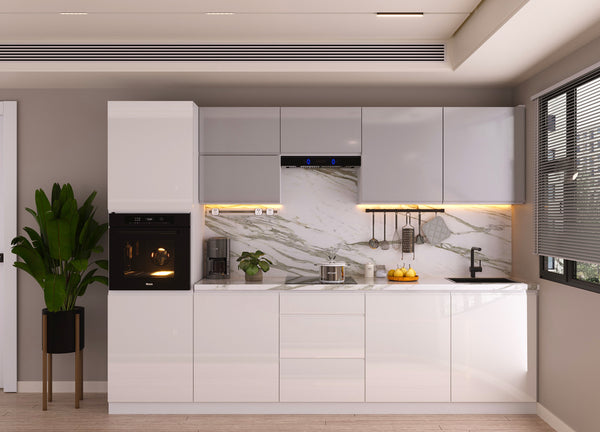 Küchenzeile 300 cm Glanzia – KU-S02 – Weiß / Grau – Hochglanz Ohne Arbeitsplatte & Elektrogeräte