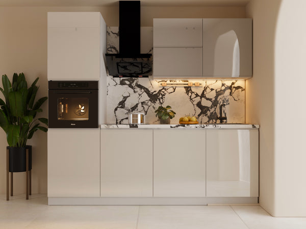 Küchenzeile 240 cm Glanzia – KU-S03 – Weiß / Grau – Hochglanz Ohne Arbeitsplatte & Elektrogeräte