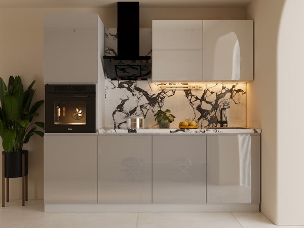 Küchenzeile 240 cm Glanzia – KU-S05 – Grau / Weiß – Hochglanz Ohne Arbeitsplatte & Elektrogeräte