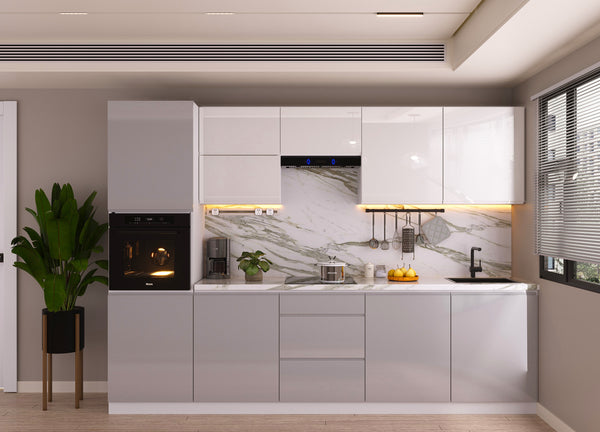 Küchenzeile 300 cm Glanzia – KU-S01 – Grau / Weiß – Hochglanz Ohne Arbeitsplatte & Elektrogeräte