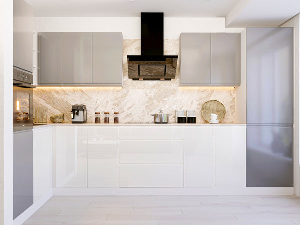 L-Küche – Winkelküche – Eckküche 300x140 cm Glanzia – KU-S07 – Grau / Weiß – Hochglanz Ohne Arbeitsplatte & Elektrogeräte