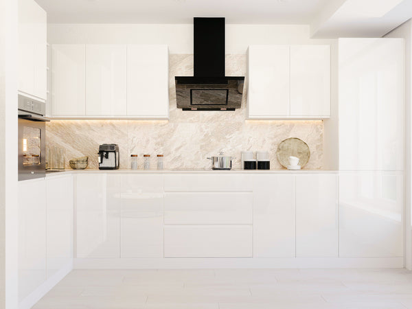 L-Küche – Winkelküche – Eckküche 300x140 cm Glanzia – KU-S10 – Weiß – Hochglanz Ohne Arbeitsplatte & Elektrogeräte