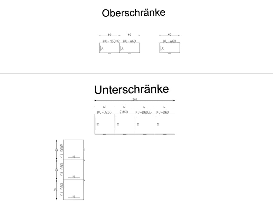 Winkelküche – Lunara – L-Küche 180 x 240 cm ohne Arbeitsplatte & Elektrogeräte