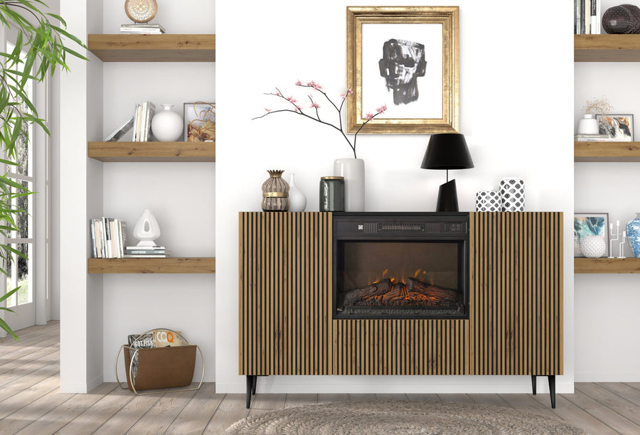 Kommode – RAVENNA B – 140 cm Sideboard mit integriertem Elektrokamin und Stauraum