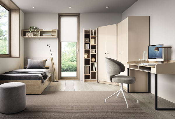 ALESSIO System Schlafzimmer-Set – 6 Teile – Bett – Regal – Kleiderschrank – Kleiderschrank – Schreibtisch – Wandregal – Beige - Stilvolle Möbel für Schlafen & Lernen