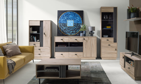 ALLMO System Wohnzimmer Set – 6 Teile – Vitrine – TV-Lowboard – Vitrine – Kommode – Hängeregal – Couchtisch – Sonoma Eiche - Wohnensemble für stilvolle Räume
