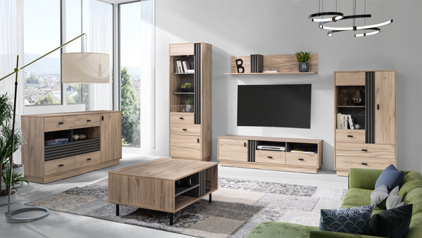 ALLMO System Wohnzimmer Set – 6 Teile – Vitrine – TV-Lowboard – Vitrine – Kommode – Hängeregal – Couchtisch – Sonoma Eiche - Elegantes Möbelensemble für modernes Wohnen