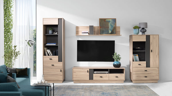 ALLMO System Wohnzimmer Set – 4 Teile – Vitrine – Vitrine – TV-Lowboard – Hängeregal – Sonoma Eiche - Moderne Wohnwand Kombination