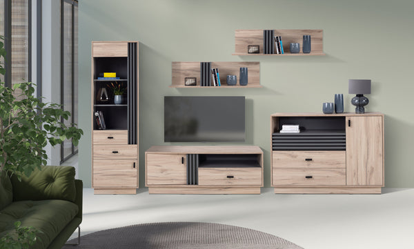 ALLMO System Wohnzimmer Set – 5 Teile – Vitrine – TV-Lowboard – Kommode – Hängeregal – Sonoma Eiche - Elegantes Möbelensemble für moderne Wohnräume