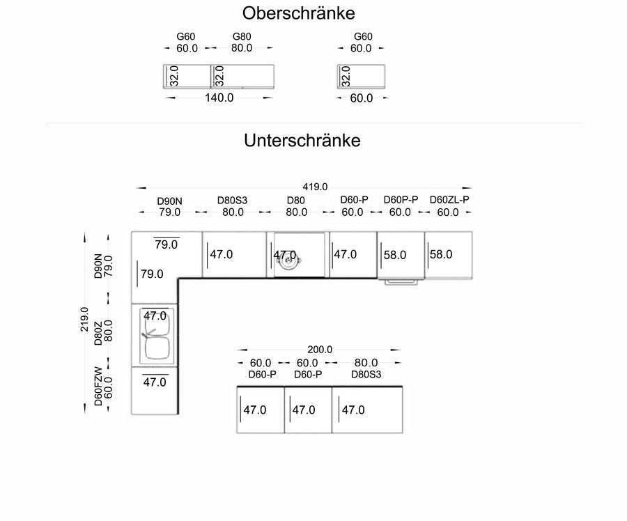 Inselküche – Glanzia – 420×220 cm, KU-S18, Grau Hochglanz