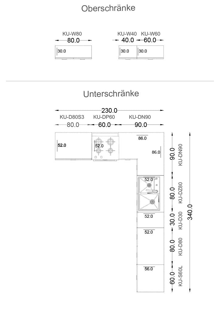 Winkelküche – LUNARA – L-Küche 230 × 340 cm, ohne Arbeitsplatte & Elektrogeräte