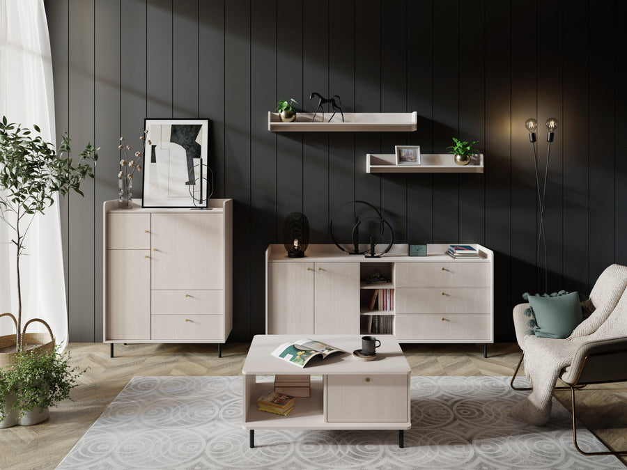 Wohnzimmer-Set – GRANDE – 5 Teile, Beige, stilvoller Stauraum