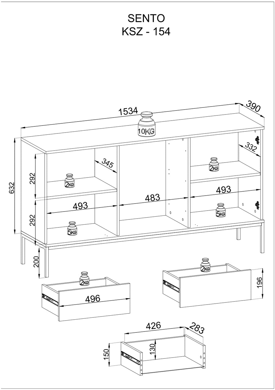 Sideboard – SENTO – KSZ154 mit Push-to-open, Glastür und LED-Beleuchtung