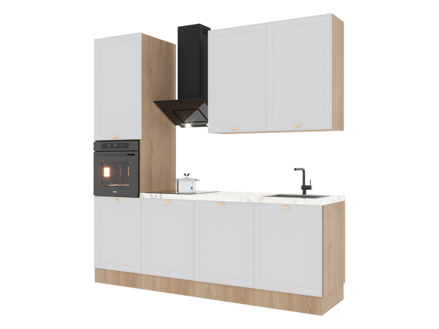Küchenzeile – Livaro – 240 cm, KU-S33, Weiß / Sonoma Eiche (ohne Arbeitsplatte & Elektrogeräte)