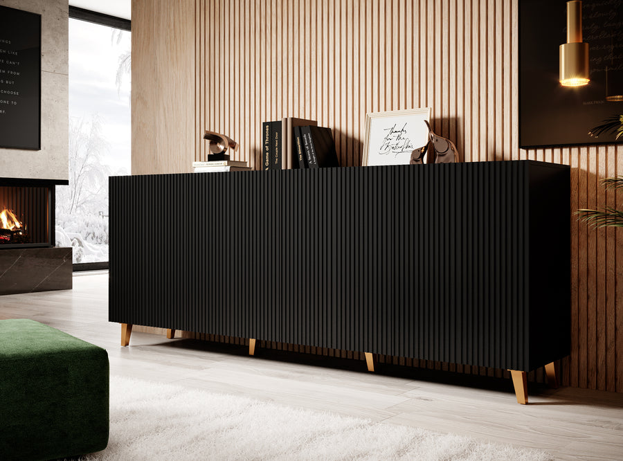 Kommode – PAFOS I – 200 cm Schwarz, elegante Anrichte mit Fräsfronten